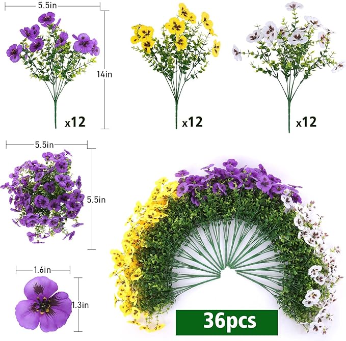 Artificial Fake Pansy Flowers for Outdoor, 36 Bundles Faux Silk Pansies Spring Flowers for Outside for Planter Front Door Porch Yard Patio Window Box Home Decor (36, Purple, Yellow, White)-Ruum Studio Home