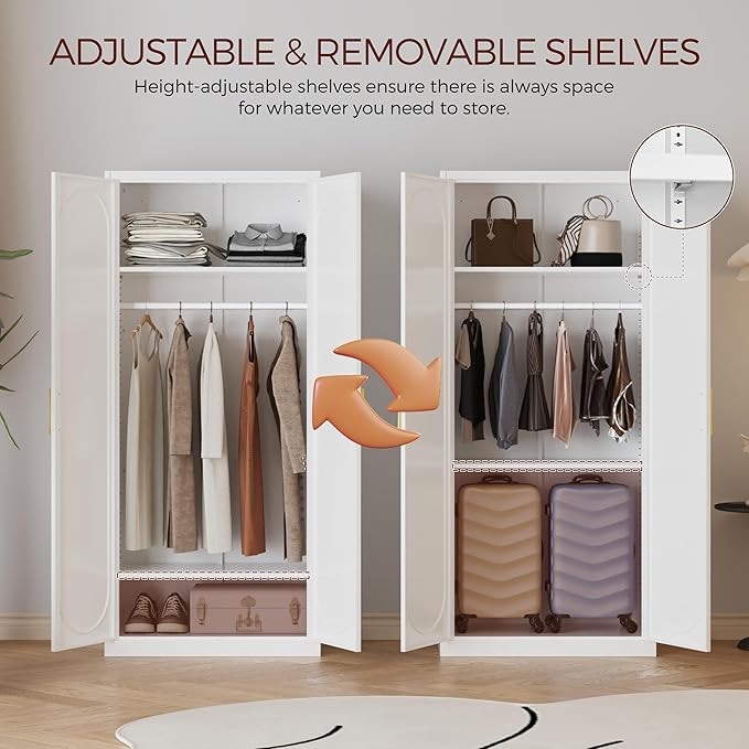 71" White Wardrobe Closet with 2 Doors, Metal Armoire Wardrobe Cabinet with Hanging Rod and Adjustable Shelves, Clothing Storage Cabinets for Bedroom, Laundry Room, Home Office-Ruum Studio Home