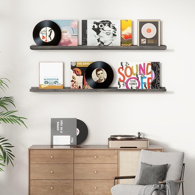 Picture Ledge Shelf, Floating Shelves Set of 2, Solid Pine Wood 55'' Long Large Nursery Book Shelves for Toys Storage, Kids Bookshelf for Living Room Bedroom Decor Books Photo Frames, Grey-Ruum Studio Home
