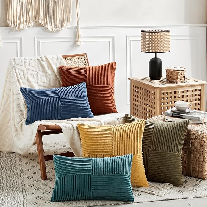 Fancy Homi 2 Packs Teal Euro Decorative Throw Pillow Covers 26x26 Inch for Living Room Couch Bed, Rustic Farmhouse Boho Home Decor, Soft Corss Corduroy Patchwork Textured Square Cushion Case 66x66 cm-Ruum Studio Home