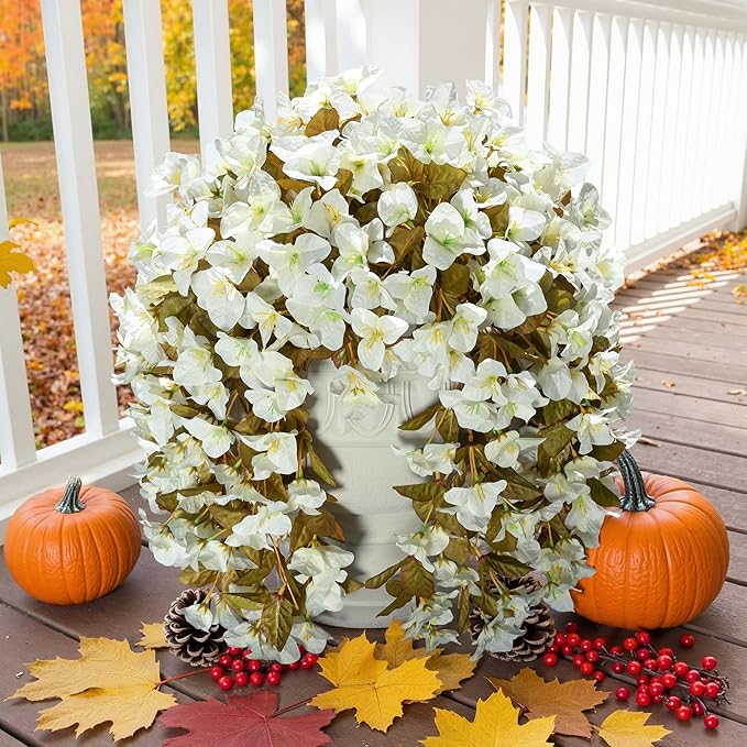 Bougainvillea Artificial Flowers Plants for Outdoors Outside Fall Autumn Decoration, 2 pcs Faux Silk Long Trailing Vines UV Resistant Look Real White Fake Flowers for Front Door Porch Planter Urn Yard-Ruum Studio Home