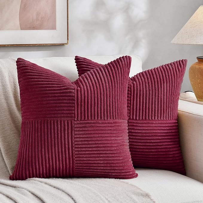 Fancy Homi 2 Packs Burgundy Red Decorative Throw Pillow Covers 16x16 Inch for Living Room Couch Bed, Rustic Farmhouse Boho Home Decor, Soft Corss Patchwork Corduroy Textured Cushion Case 40x40 cm-Ruum Studio Home