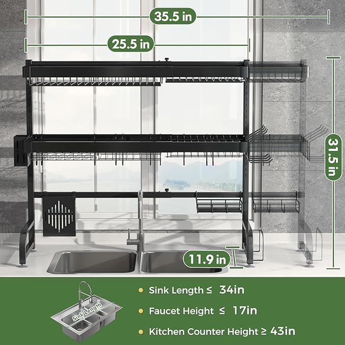 3 Tier Extra Large Stainless Steel Expandable Over The Sink Dish Drainer Drying Rack, Rust Proof Metal, Space Saving, Modern Black Big Capacity Extendable Plate Strainers Above Kitchen Counter-Ruum Studio Home