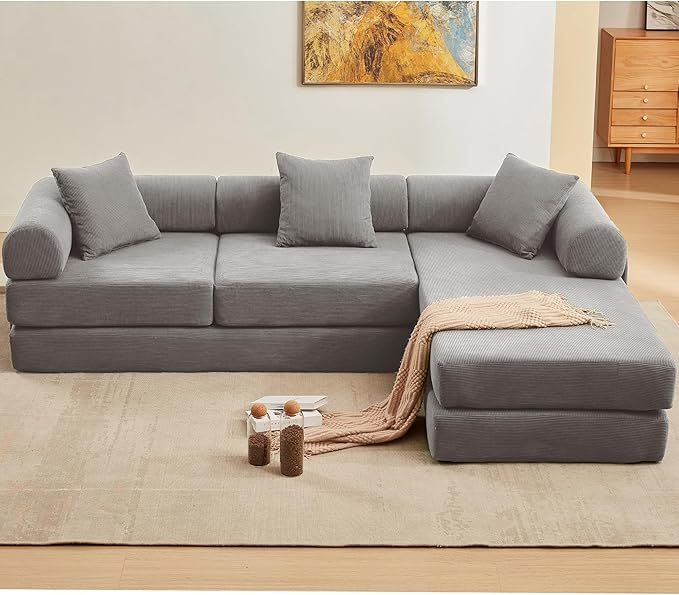 107" Oversized Convertible Sleeper Sofa Bed, Corduroy L Shape Sectional Couch, Folding Sofa Bed with Side Pocket, Modern Cloud Floor Mattress Couch, Modular Sofa for Living Room, Grey-Ruum Studio Home