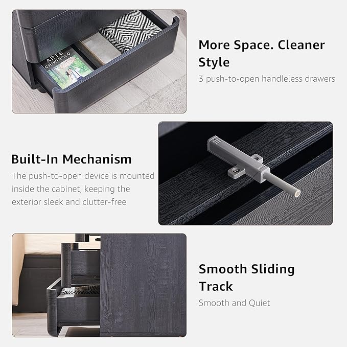 JXQTLINGMU 22" Modern Nightstand with Charging Station, Large Push-to-Open End Table, Wood Bedside Table w/Curved Profile Design, Handleless 3 Drawer Night Stand for Bedroom, Living Room, Black-Ruum Studio Home