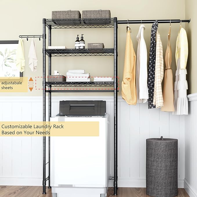 Over Washer and Dryer Shelves,3 Tier Adjustable Wire Shelving Laundry Room Storage Organization Clothes Drying Rack with Mounted on the Wall Expandable Hanger Rods&Hook,55"~74.5"Wx13.4"Dx77"H-Ruum Studio Home