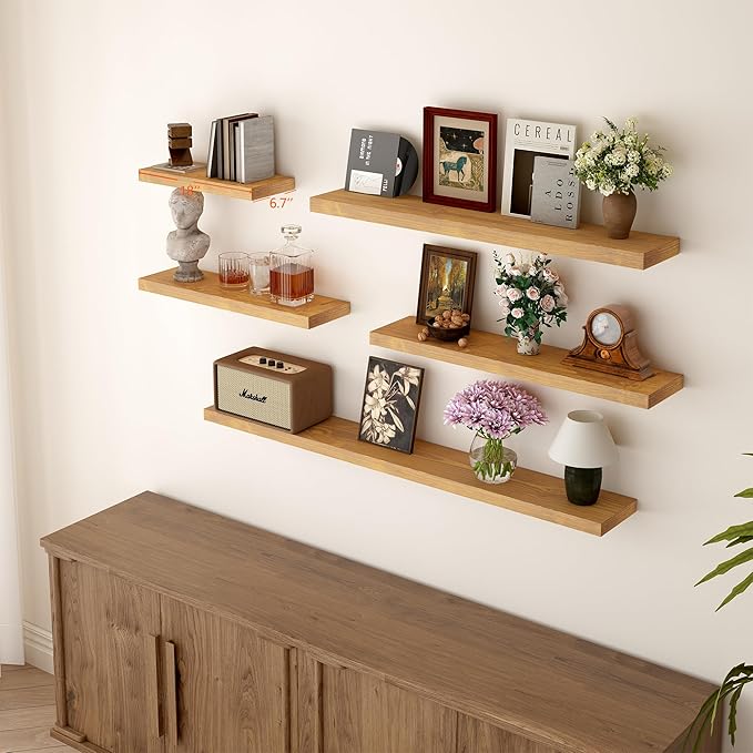 BGMG Wood Floating Shelves for Wall 18 inch Set of 2, Rustic Wooden Wall Mount Shelves for Living Room Bedroom Kitchen Farmhouse-18x6.7x1.25 inch- Gold Oak-Ruum Studio Home