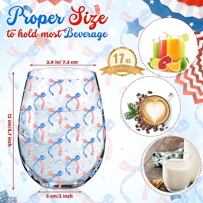 Sliner 2 Pack Patriotic Stemless Wine Glasses 17oz Red Blue Bow Drinking Glasses Independence Day Tumbler Cups for 4th of July Party Supplies Memorial Day Gift Decorations-Ruum Studio Home