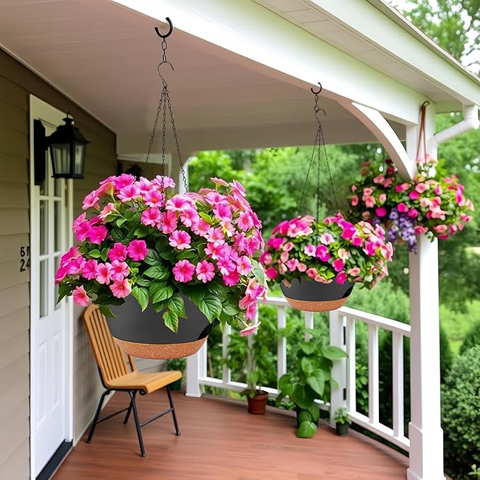 2 Pack 12 Inch Large Hanging Planters with Chains Self Watering Black Brown Plastic Hanging Pots for Indoor Outdoor Plants, Garden Porch Home Decor，Black Brown-Ruum Studio Home