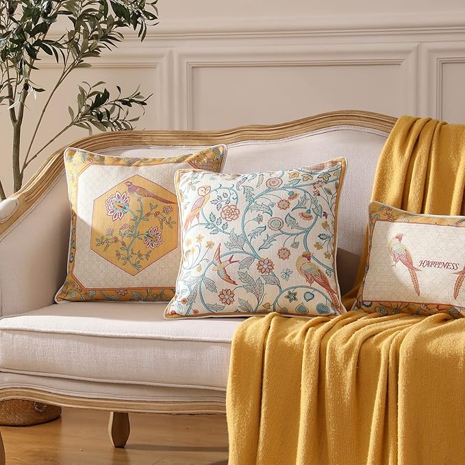 patdrea Design Yellow Linen Throw Pillow Covers Pack of 4, French Square Lumbar Round Pillowcase, Soft Durable Cushion Cases Pillowcase for Couch Bedroom Car Living Room 4 PCS-Ruum Studio Home