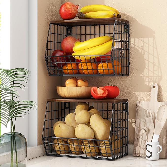 2pcs Fruit Basket Kitchen Storage Basket with Wood Lid, Stackable Wall Basket Fruit Basket for Kitchen, Countertop Organizer for Snack, Fruit and Veggie Storage, 11.8 x 7.9 x 8.5 Inch-Ruum Studio Home