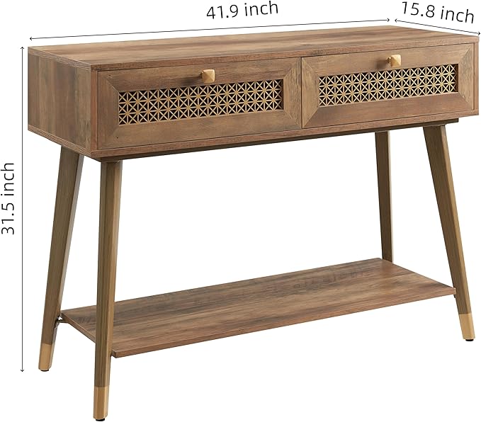 Narrow Sofa Table with Two Drawers and Shelf, Modern Style Wooden Console Table for Living Room, Entryway, Hallway, Rustic Oak-Ruum Studio Home
