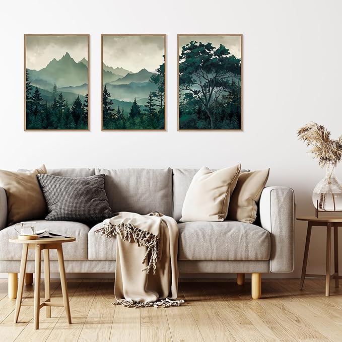 HLNIUC Green Foggy Forest Framed Canvas Wall Art Set,Watercolor Boho Pine Tree Wall Decor,Modern Misty Mountain Scenery Art Print,Nature Landscape Wall Painting for Living Room,Bedroom - 16”x24”x3-Ruum Studio Home