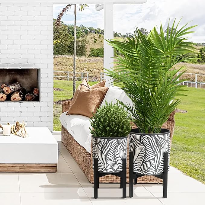 10 & 12 Inches Plant Pot with Stand Set of 2, Decorative Palm Leaves Printing Planter with Holder, Garden Pot for Snake Plant, Monstera, Houseplants - Indoor Outdoor Flower Pots with Drainage Holes-Ruum Studio Home
