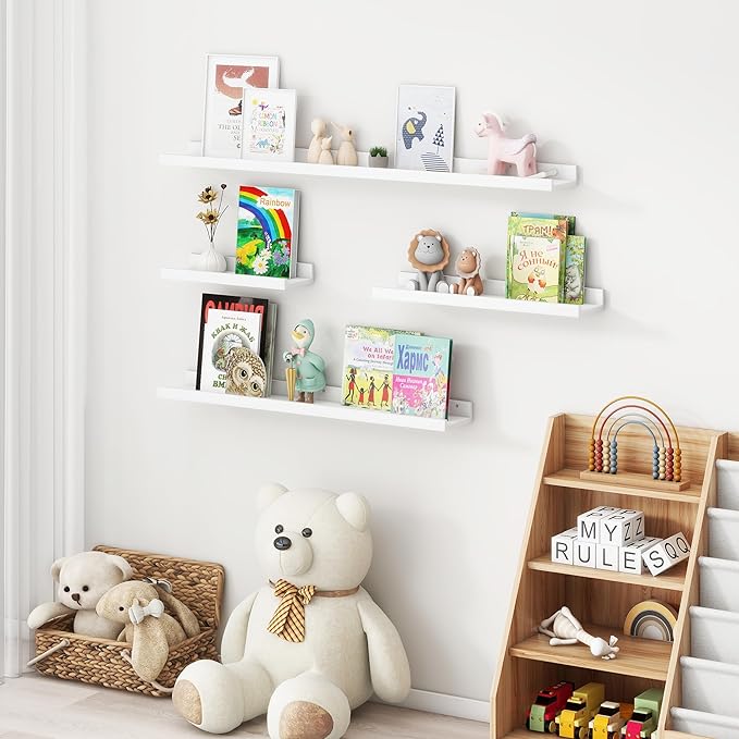 Picture Ledge Shelf for Wall, 36 inches Solid Pine Wood Nursery Book Shelves 3 Packs, Floating Ledge Shelves for Kids' Room Bedroom Bathroom Living Room Photo Frames Office Nursey Wall Decor, White-Ruum Studio Home