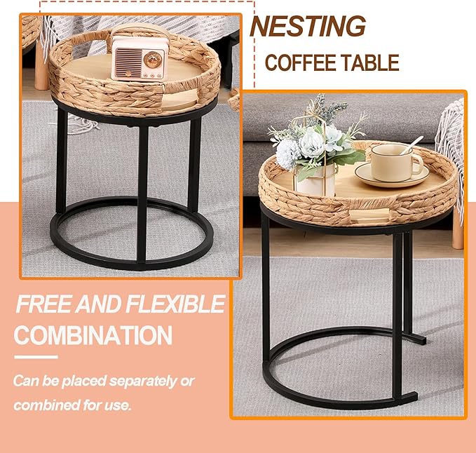 Nesting Coffee Table, Small Round Stacking Side Table with Metal Frame, Modern End Table for Living Room Bedroom Office Balcony (Rattan, 1)-Ruum Studio Home
