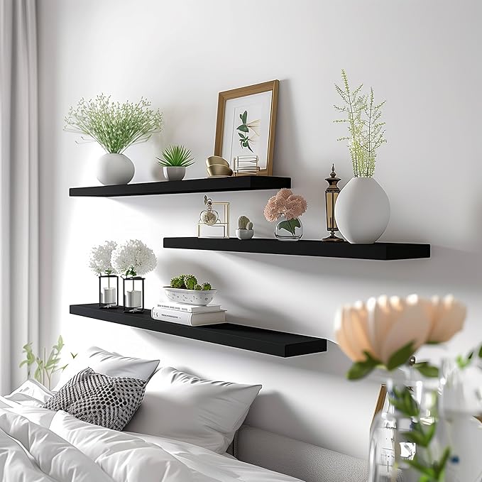 Wood Floating Shelves for Wall Decor, Rustic Wall Shelves for Bedroom Bathroom Kitchen Living Room, Set of 4 Black 36 Inch-Ruum Studio Home