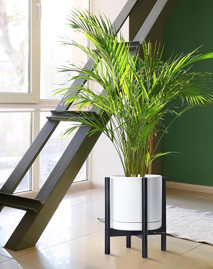 D'vine Dev Ceramic Planter with Ebony Stand - 12 Inch Modern Round Flower Pot with Wood Planter Holder, White, 55-B-H-1-Ruum Studio Home