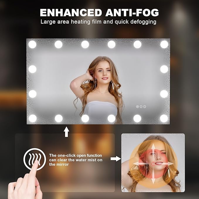 Hasipu LED Bathroom Mirror with Lights, 40" x 24" Hollywood Wall-Mounted Bathroom Mirror with 16 Dimmable Bulbs, 3 Colors Modes, Touch Control, Anti-Fog, Memory Function, Shatter-Proof, ETL Listed-Ruum Studio Home