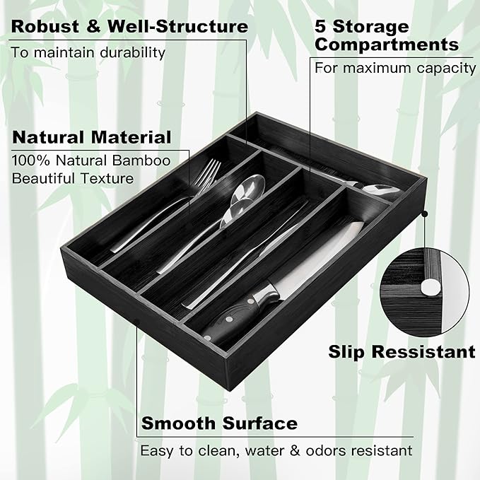 Bamboo Silverware Holder - Drawer Organizer with 5 Slots (Black)-Ruum Studio Home