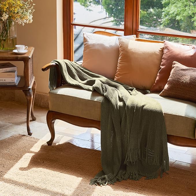 lifein Throw Blanket for Couch, Soft Green Boho Decor Bed Throw,Cozy Knitted Chenille Farmhouse Lightweight Throw for Spring(Olive Green,60 * 80")-Ruum Studio Home