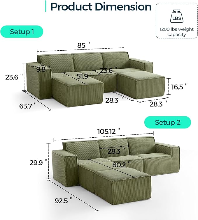 LINSY HOME Modular Sectional Sofa, 105" Boneless Couch U Shaped 3-Seat Sofa with 2 Ottomans, Corduroy Sectional Cloud Couches for Living Room, No Assembly Required, Green-Ruum Studio Home