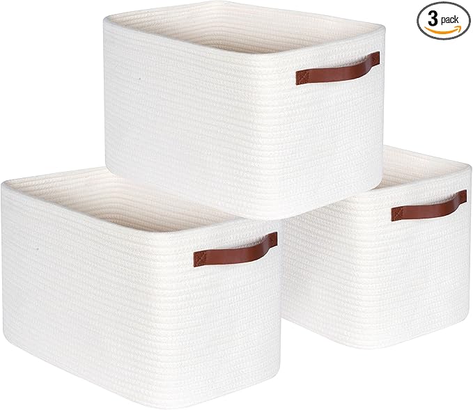 MINTWOOD Design 3-Pack Decorative Woven Storage Baskets for Shelves, Cube Bin Box for Organizing Books, Shoes, Dog Toys, Pantry Closet and Living Room Organizer, Creamy White-Ruum Studio Home