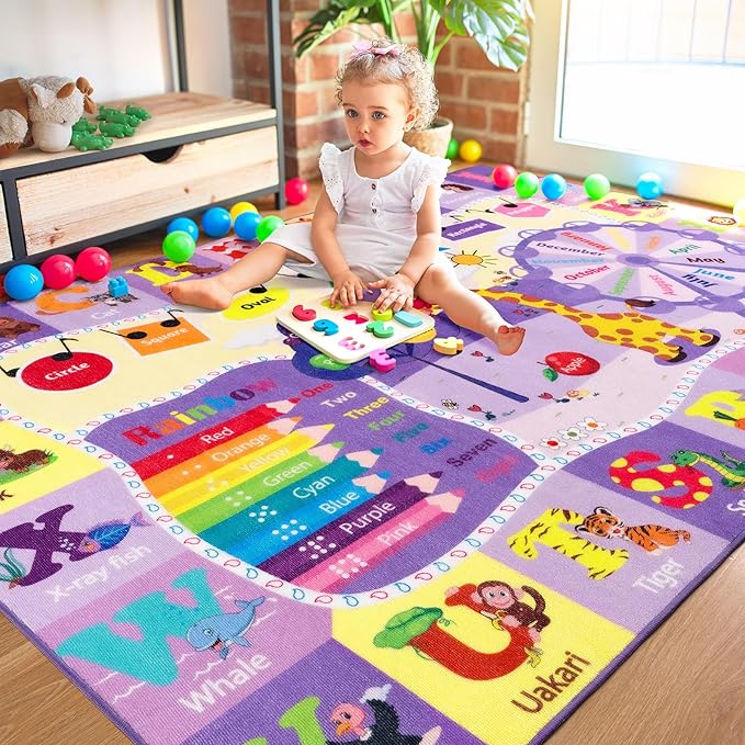 Kids Rugs for Playroom Bedroom Classroom Nursery, Non-Slip and Washable Rugs for Children Toddlers Girls, Educational and Fun Rug Carpets with ABC Alphabet Animals Shapes, 4x6, Purple-Ruum Studio Home