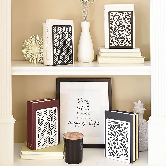 CNK Book Ends for Shelves - Metal Holders for Home Office Heavy Books, Shelf Stoppers, Decorative Set of 2 Black Infinite Leaves Bookends-Ruum Studio Home