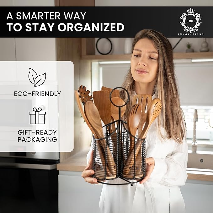360° Rotating Kitchen Utensil Holder- 3 Compartment Organizer with Cork Bottoms | Includes Premium 9-Piece Acacia Wood Utensil Set | Professional & Home Luxury Design | Metal Utensil Crock (Black)-Ruum Studio Home