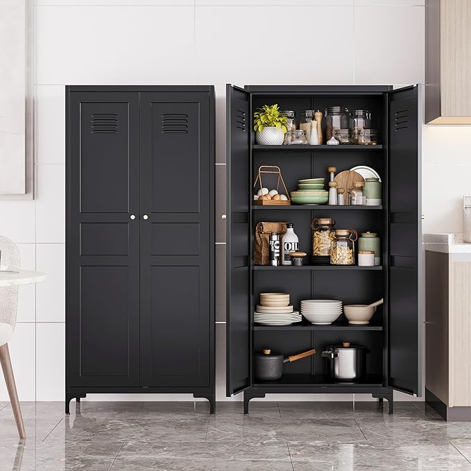 Metal Storage Cabinet with Doors and Shelves,Black Storage Cabinet with Leg,Metal Pantry Cabinets,Ventilated Pantry Closet,Tall Large Cupboard for Home,Kitchen,Dining/Living/Laundry Room-Ruum Studio Home