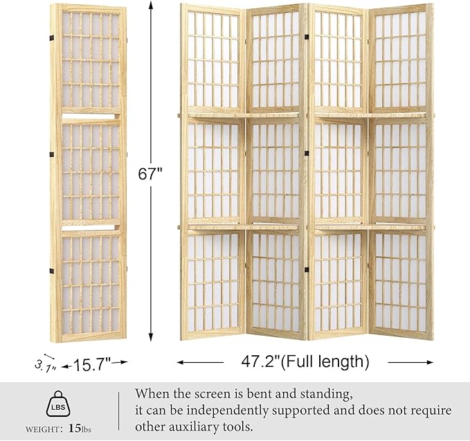 5.6FT Room Divider and Folding Portable Partition Screen, Chinese Japanese Shoji Style with Three Display Shelves for Room Separation - 4 Panel (Natural)-Ruum Studio Home