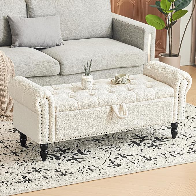 Furniliving Modern Storage Ottoman Bench, Sherpa Ottoman End of Bed Bench with Solid Wood Legs Upholstered Ottoman Benches with Storage Indoor Bench for Living Room with Rolled Arm, Entryway, White-Ruum Studio Home