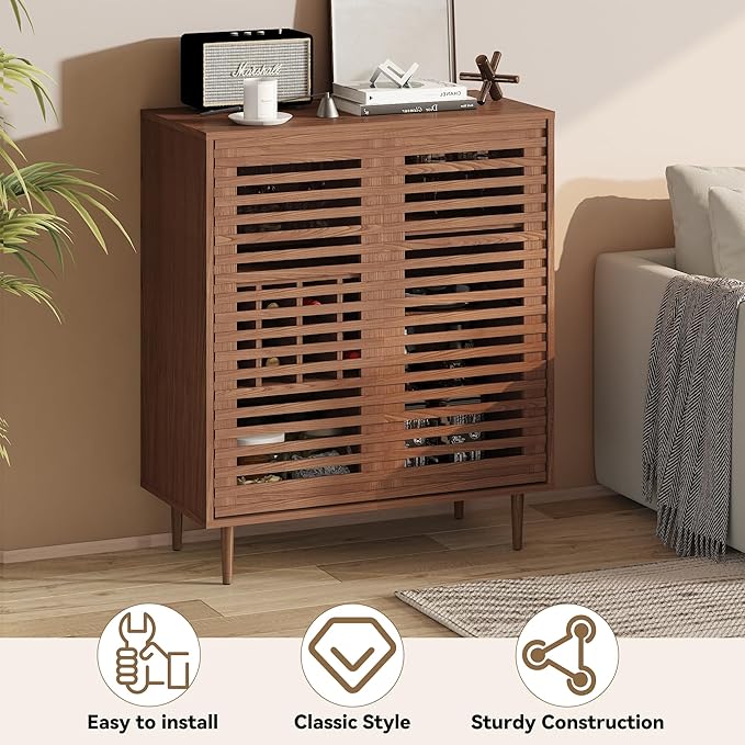 Mid Century Bar Cabinet with Wine Racks, Modern Liquor Cabinet with Slatted Doors for Dining Room, Living Room (Walnut Color)-Ruum Studio Home