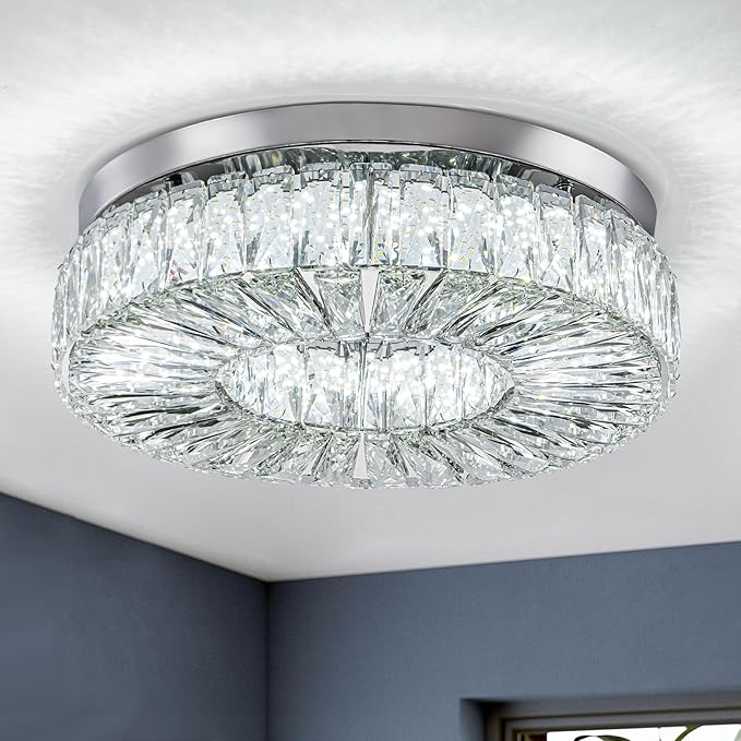 16.5" Crystal Chandelier LED Modern Flush Mount Ceiling Light Fixtures Round Ring Luxury Large Chandelier for Living Room Bedroom Dining Room Entrance (Cool white-16.5")-Ruum Studio Home