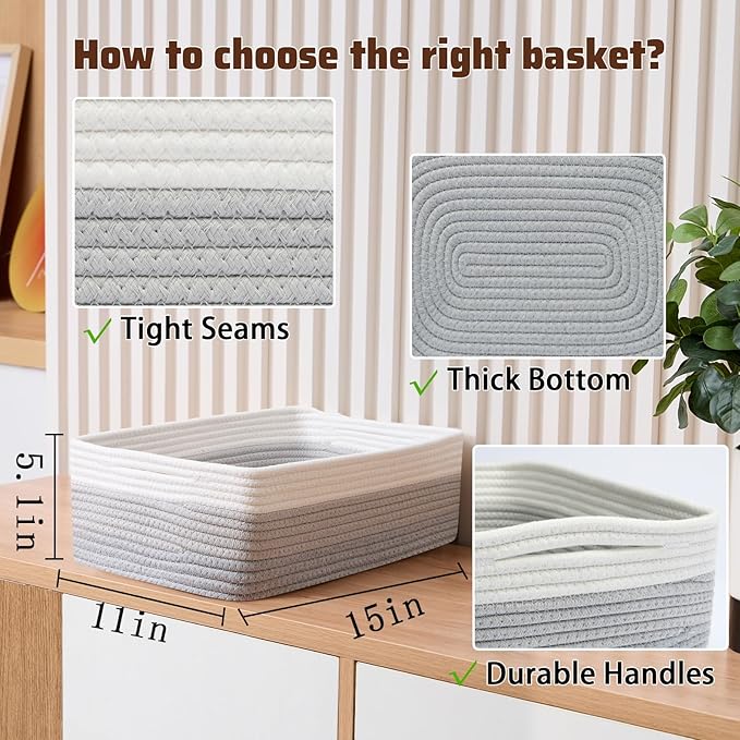 Large Shallow Organizing Baskets 15x11x5.1 Inches - Rope Woven Storage Bins for Bathroom, Shelves, Cube Closet, Gradient Grey 2 Packs-Ruum Studio Home