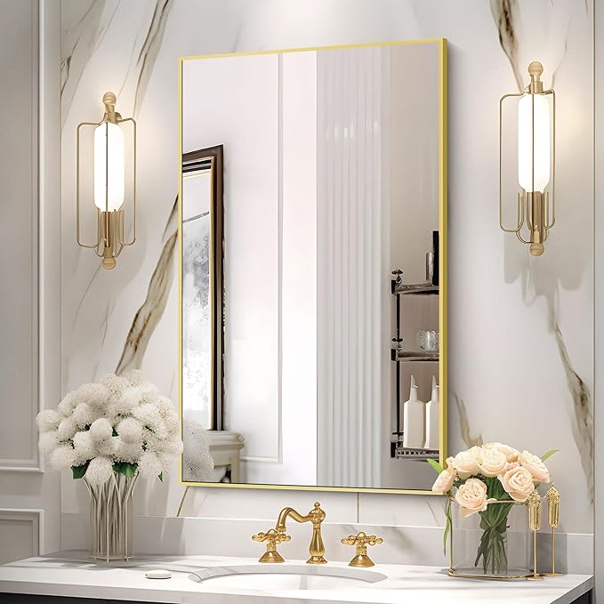 Gold Bathroom Mirror for Wall, 30x48 Inch Rectangle Mirrors with Metal Frame, Modern Vanity Wall Mirror Decor for Bathroom Living Room, Entryway Hangs Horizontal or Vertical-Ruum Studio Home