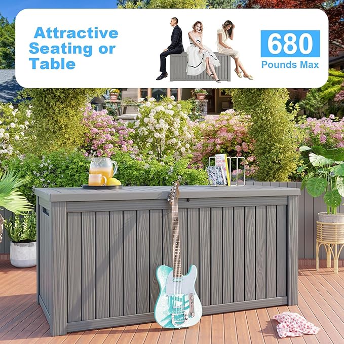 180 Gallon Deck Box,Resin Outdoor Storage Box with Lockable for Patio Furniture, Pool Accessories, Garden Tools Waterproof Outside Storage Box, Grey-Ruum Studio Home
