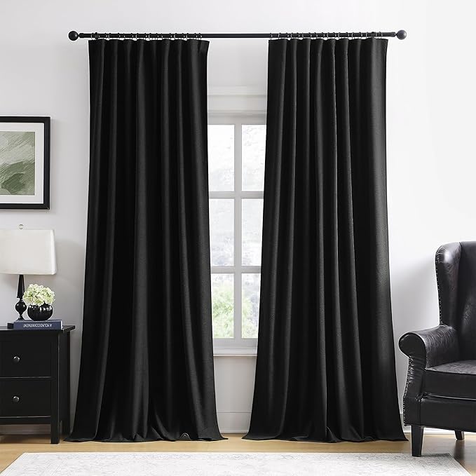 RAIN CITY Black Blackout Curtains 100 Inches Long, Custom Made Textured Linen Black Out Pleated Look Curtains with Hooks Window Drapes for Bedroom Living Room-50x100-inch 2 Panels Set-Ruum Studio Home