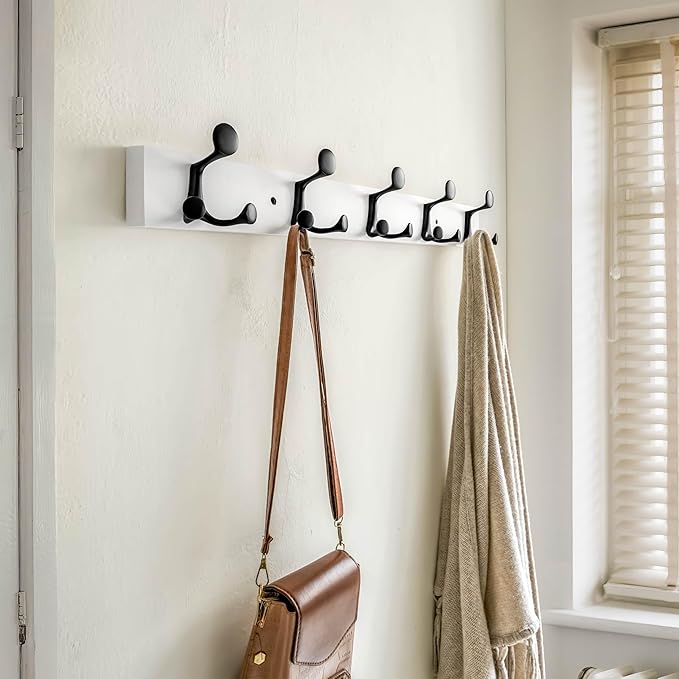 SKOLOO 30-Inch White Wood Coat Rack Wall Mount with 5 Triple Hooks - Ideal for Family Entrances, Classrooms, and Pet Supplies Storage - Perfect Coat Hooks for Wall-Ruum Studio Home