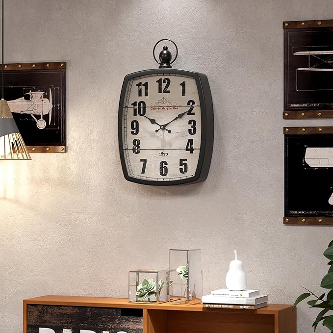 Menterry Rectangle Retro Large Wall Clock, Old-Fashioned Vintage Design, Black Antique Style, Battery Operated Silent Decor Wall Clocks for Farmhouse,Kitchen,Office (15.5" H x 10.2" W)