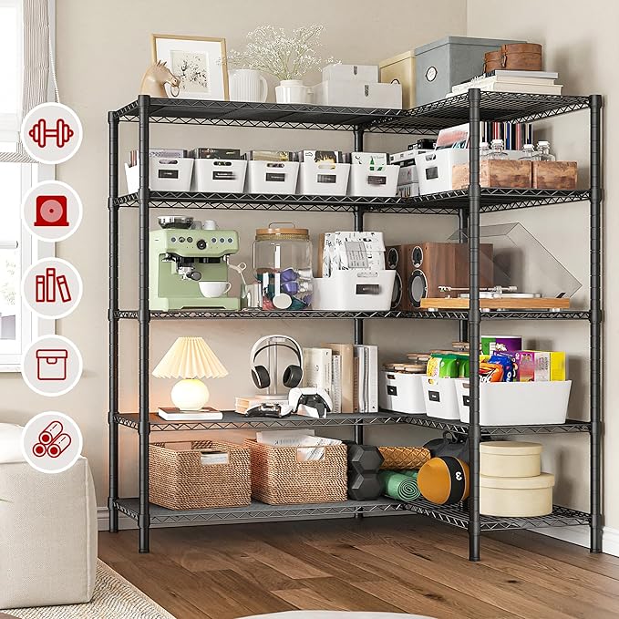 REIBII 5 Tier Wire Shelving Storage Shelves Loads 1430LBS, 58" W Metal Shelving for Storage Adjustable Shelving Unit Heavy Duty Garage Shelves Pantry Shelves Kitchen, Black-Ruum Studio Home