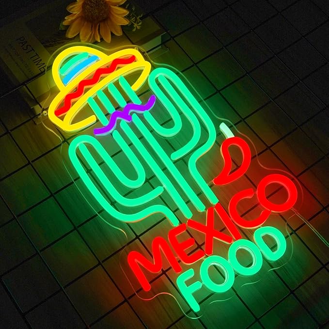 Mexican Food Neon Sign Cactus Neon Lights Dimable Colorful LED Mexican Art Lights Wall Decor for Mexican Restaurants Bars Food Trucks Unique Gift for Taco Enthusiasts Fiesta Parties (15×9.1inch)-Ruum Studio Home