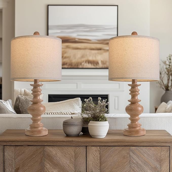 BOBOMOMO 20" Rustic Bedside Lamps Set of 2- Vintage Resin Table Lamps for Nightstands with Linen Shades, Farmhouse Lamps for Living Room, Bedroom, and Hallway (Light Brown) - Ideal for Compact Spaces-Ruum Studio Home