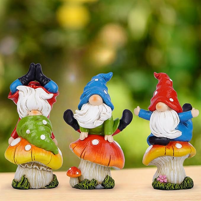Hodao 3 PCS Spring Yoga Mushroom Gnomes Decoration Summer Elf Figurines Gifts for Home Spring Lively Garden Statues Decor for Outdoor, Mom, Mother (Multicolor)-Ruum Studio Home