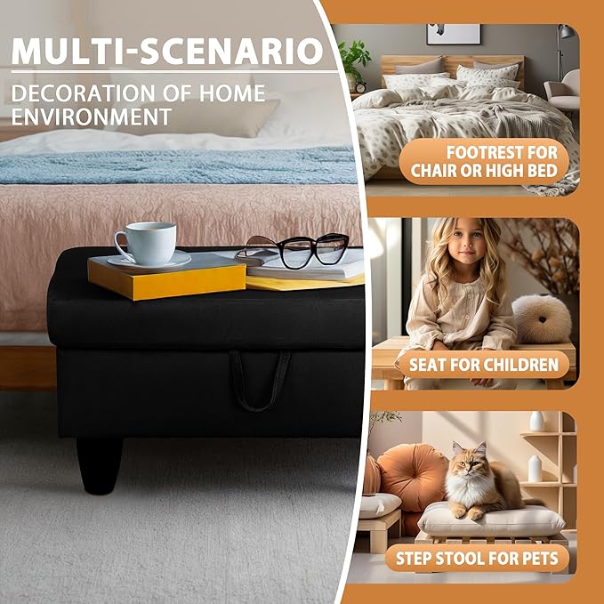 Ottoman Rectangular Storage Ottoman Bench, Flannel Footrest Stool Footstool with Lid for Living Room, Bedroom, Entryway, Black, 28.5"x19"x17.5"-Ruum Studio Home