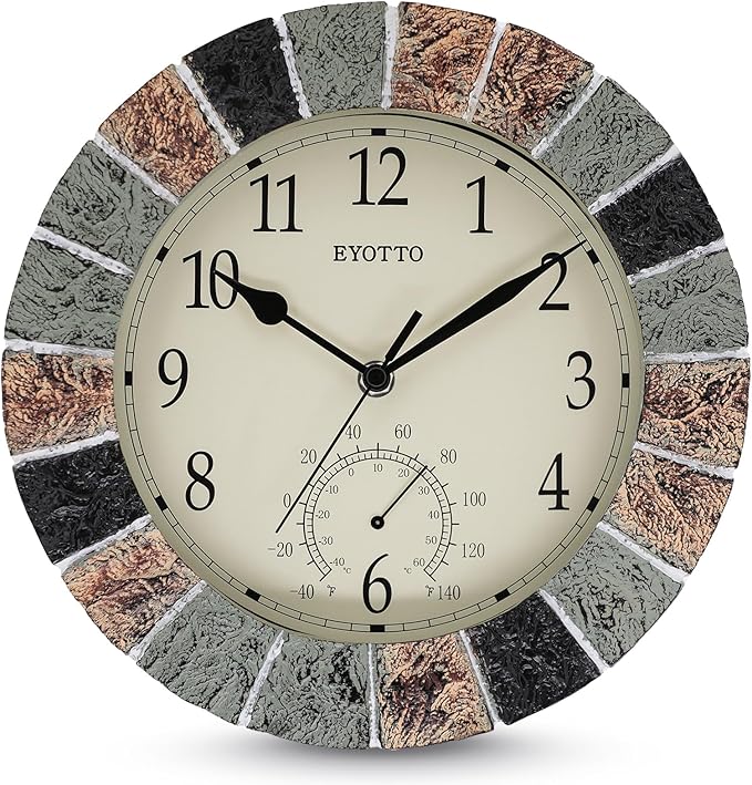 eYotto 10 Inch Small Indoor/Outdoor Waterproof Wall Clock with Thermometer Silent Non-Ticking Battery Operated Wall Clocks Weatherproof for Patio, Pool, Garden, Lanai, Fence, Porch, Deck, Bathroom-Ruum Studio Home