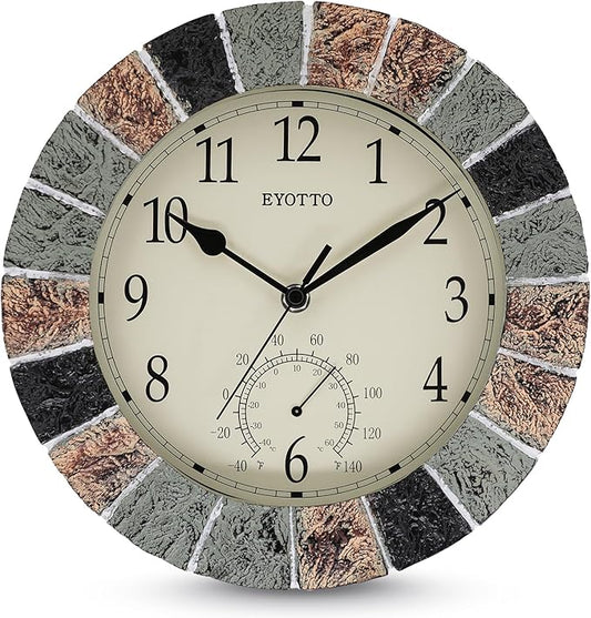 eYotto 10 Inch Small Indoor/Outdoor Waterproof Wall Clock with Thermometer Silent Non-Ticking Battery Operated Wall Clocks Weatherproof for Patio, Pool, Garden, Lanai, Fence, Porch, Deck, Bathroom-Ruum Studio Home