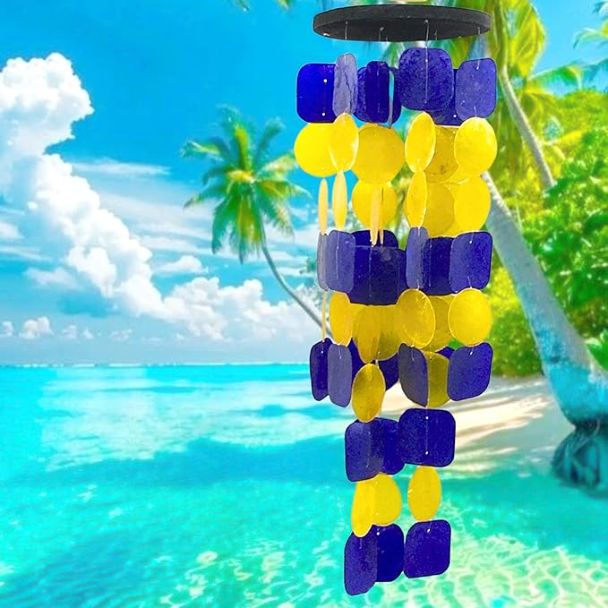 Bellaa 24889 Wind Chimes Outdoor, Garden Decorations, Musical, Indoor/Outside Windchimes, Beach, Ocean Breeze, Gifts for Mom, Gift for All Occasions, Capiz Sea Glass Shells Wood Yellow Blue-Ruum Studio Home
