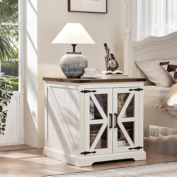 24" End Table Set of 2 with Charging Station, Farmhouse Night Stand with Glass Barn Door, Nightstands with Adjustable Storage Shelf, Large Wood Square Bed Side Table for Living Room,Bedroom-Ruum Studio Home